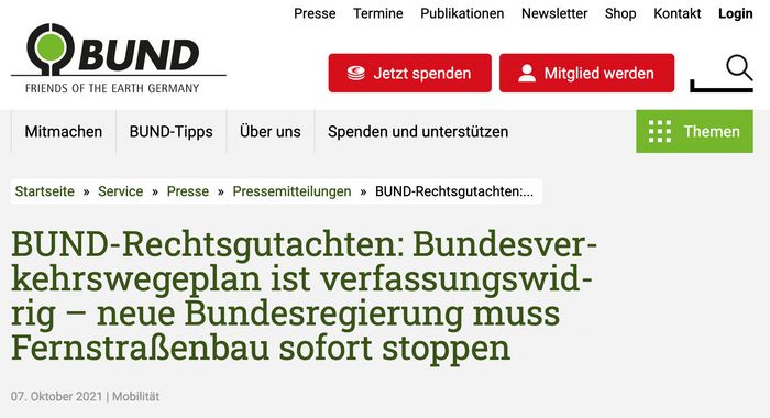 BUND-Rechtsgutachten: Bundesverkehrswegeplan ist verfassungswidrig – neue Bundesregierung muss Fernstraßenbau sofort stoppen