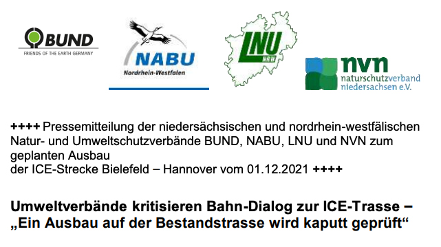 Pressemitteilung der niedersächsischen und nordrhein-westfälischen Natur- und Umweltschutzverbände BUND, NABU, LNU und NVN zum geplanten Ausbau der ICE-Strecke Bielefeld – Hannover 